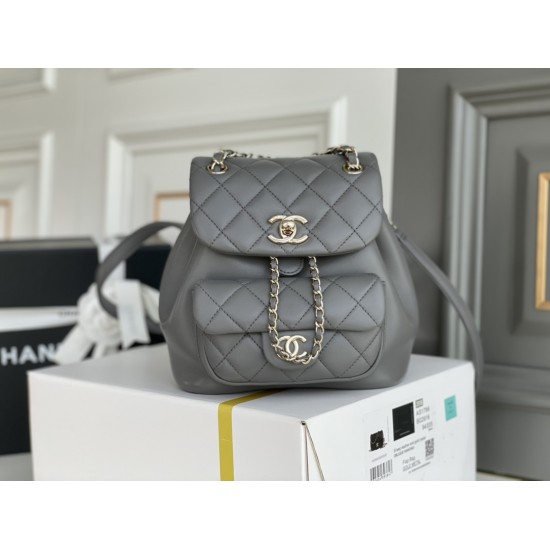 Chanel 22A Duma Backpack Gray Champagne Gold Hardware Small Size Lambskin Leather Hass Factory leather 18x18x12cm