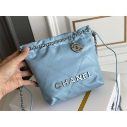 Chanel 23A Chanel 22 Mini Milky Blue Silver Hardware Calfskin Leather Hass Factory leather 19x20x6cm