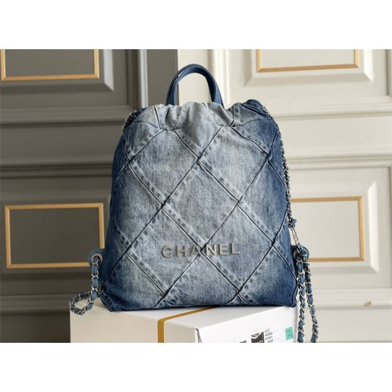 Chanel 23P Chanel 22 Bag Denim Backpack Silver Hardware Silver Hardware Calfskin Leather Hass Factory leather 29x35x11cm