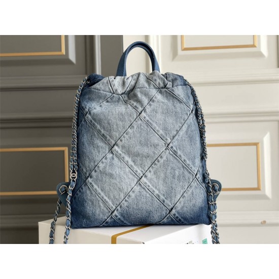 Chanel 23P Chanel 22 Bag Denim Backpack Silver Hardware Silver Hardware Calfskin Leather Hass Factory leather 29x35x11cm