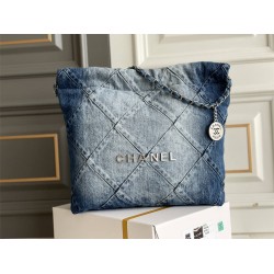 Chanel 23C 22 Bag, small size, denim fabric, silver-tone hardware, 35x37x7cm