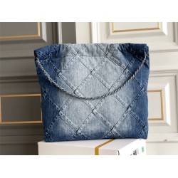 Chanel 23C 22 Bag, medium size, denim fabric, silver-tone hardware, 38x42x8cm