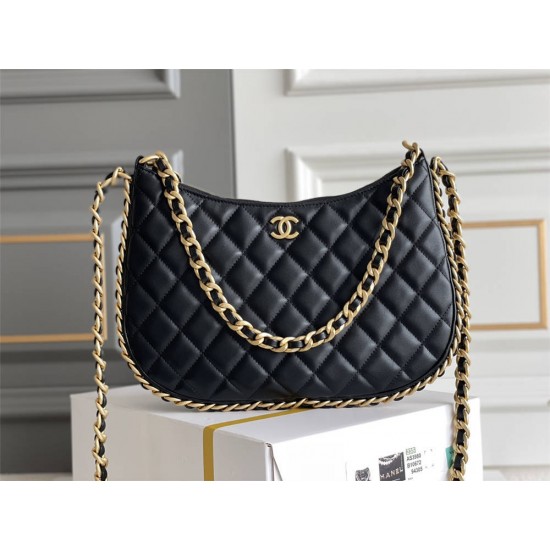 Chanel 23B Hobo Chain Bag, large size 29, black, lambskin, Hass Factory leather, gold-tone hardware, 18x29x2cm