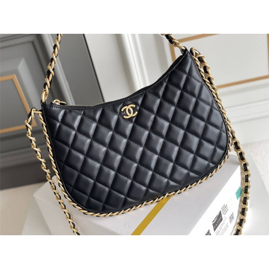 Chanel 23B Hobo Chain Bag, large size 29, black, lambskin, Hass Factory leather, gold-tone hardware, 18x29x2cm