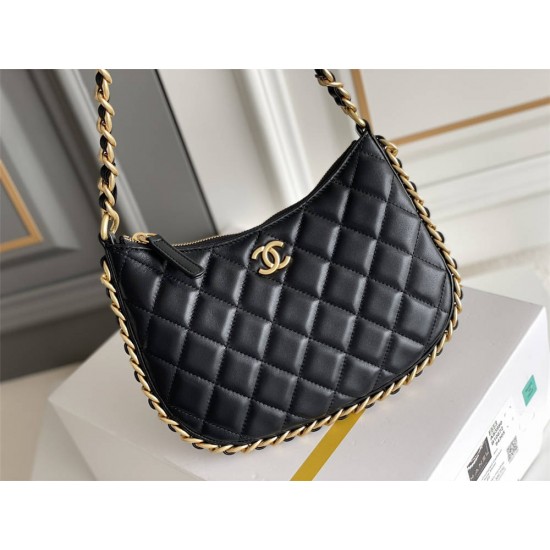 Chanel 23B Hobo Chain Bag, small size 24, black, lambskin, Hass Factory leather, gold-tone hardware, 15x24x2cm