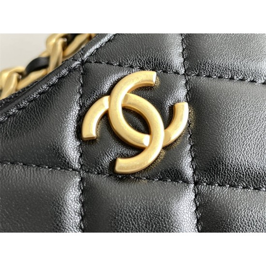 Chanel 23B Hobo Chain Bag, small size 24, black, lambskin, Hass Factory leather, gold-tone hardware, 15x24x2cm