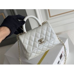 Chanel Classic Coco Handle Mini, 19cm flap bag, white, champagne gold hardware, caviar leather, Hass Factory leather, 13x19x9cm