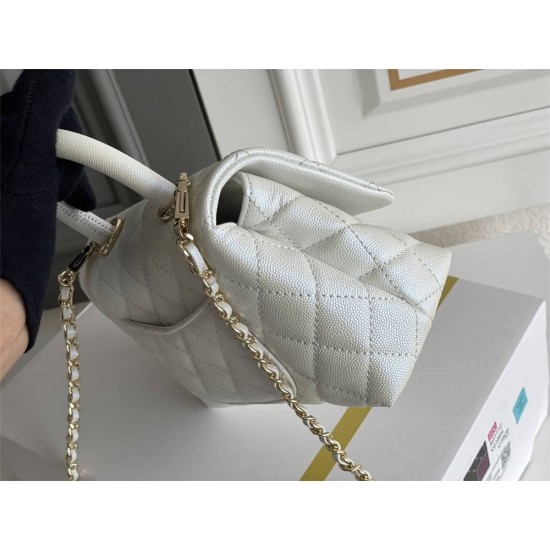 Chanel Classic Coco Handle Mini, 19cm flap bag, white, champagne gold hardware, caviar leather, Hass Factory leather, 13x19x9cm