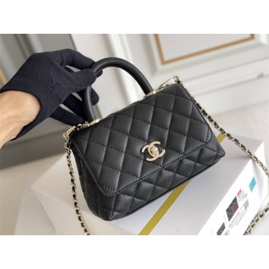 Chanel Classic Coco Handle Mini, 19cm flap bag, black, with stitched edges, champagne gold hardware, caviar leather, Hass Factory leather, 13x19x9cm