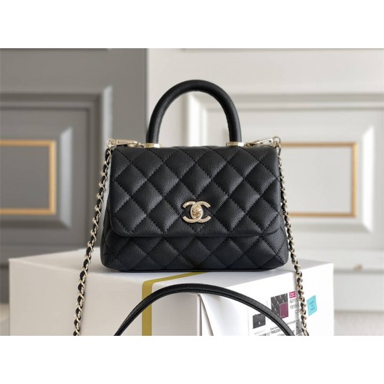 Chanel Classic Coco Handle Mini, 19cm flap bag, black, without stitched edges, champagne gold hardware, caviar leather, Hass Factory leather, 13x19x9cm