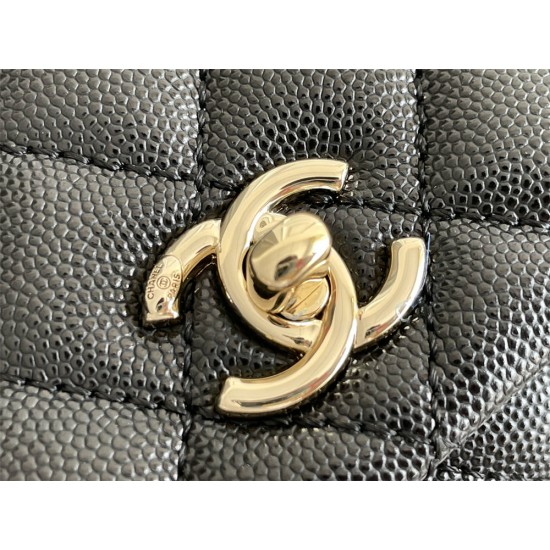 Chanel Classic Coco Handle Mini, 19cm flap bag, black, without stitched edges, champagne gold hardware, caviar leather, Hass Factory leather, 13x19x9cm