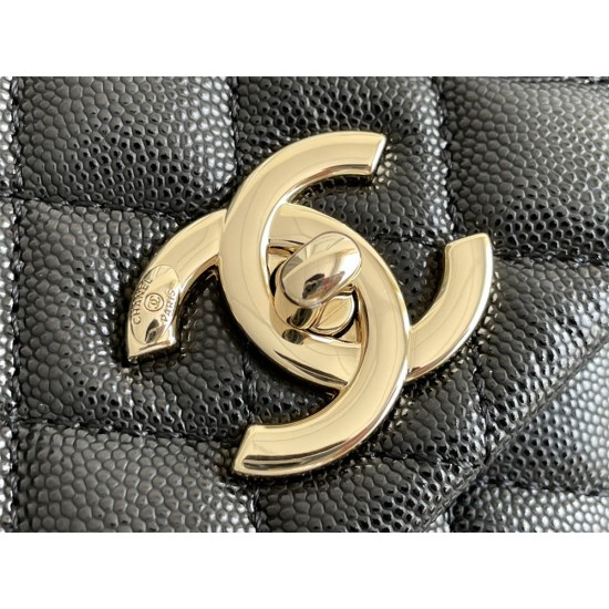 Chanel Classic Coco Handle, medium size 29cm flap bag, black, without stitched edges, champagne gold hardware, caviar leather, Hass Factory leather, 29x18x12cm