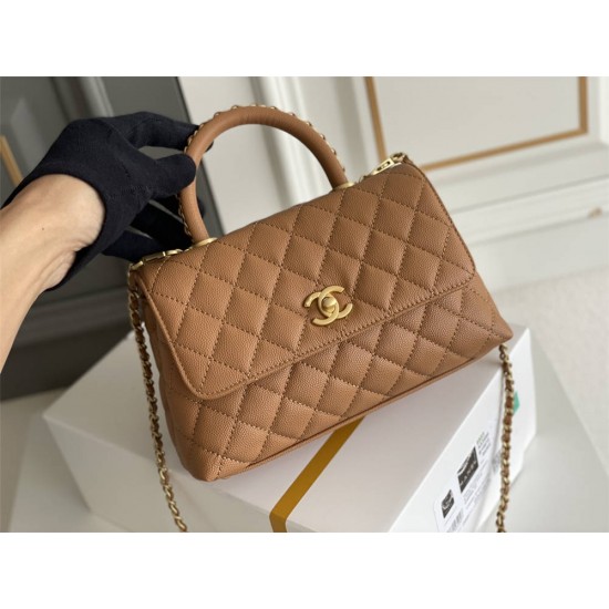 Chanel Classic Coco Handle, small size 24cm flap bag, caramel, with stitched edges, gold-tone hardware, caviar leather, Hass Factory leather, 24x14x10cm