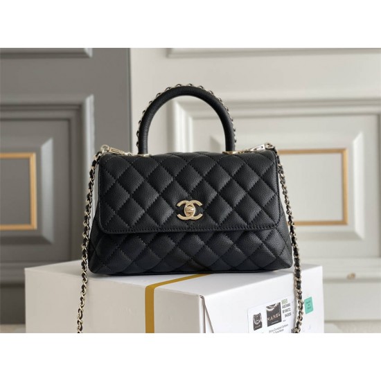 Chanel 23A Coco Handle, small size 24cm flap bag, black, with stitched edges, champagne gold hardware, caviar leather, Hass Factory leather, 24x14x10cm