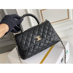 Chanel 23A Coco Handle, small size 24cm flap bag, black, with stitched edges, champagne gold hardware, caviar leather, Hass Factory leather, 24x14x10cm