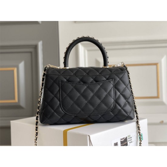 Chanel 23A Coco Handle, small size 24cm flap bag, black, with stitched edges, champagne gold hardware, caviar leather, Hass Factory leather, 24x14x10cm