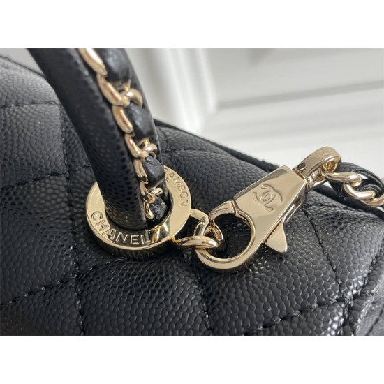 Chanel 23A Coco Handle, small size 24cm flap bag, black, with stitched edges, champagne gold hardware, caviar leather, Hass Factory leather, 24x14x10cm