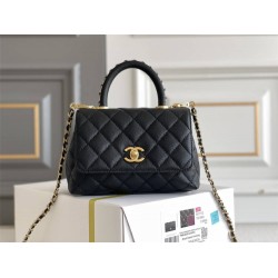 Chanel 23P Coco Handle Mini, 19cm flap bag, black, with stitched edges, gold-tone hardware, caviar leather, Hass Factory leather, 13x19x9cm