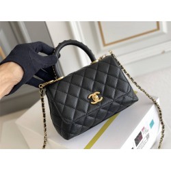 Chanel 23P Coco Handle Mini, 19cm flap bag, black, with stitched edges, gold-tone hardware, caviar leather, Hass Factory leather, 13x19x9cm