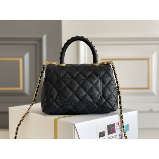 Chanel 23P Coco Handle Mini, 19cm flap bag, black, with stitched edges, gold-tone hardware, caviar leather, Hass Factory leather, 13x19x9cm