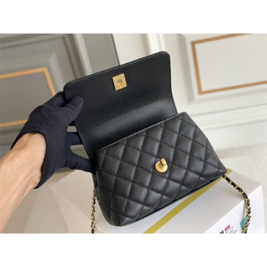 Chanel 23P Coco Handle Mini, 19cm flap bag, black, with stitched edges, gold-tone hardware, caviar leather, Hass Factory leather, 13x19x9cm