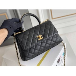 Chanel 23P Coco Handle, small size 24cm flap bag, black, with stitched edges, gold-tone hardware, caviar leather, Hass Factory leather, 24x14x10cm