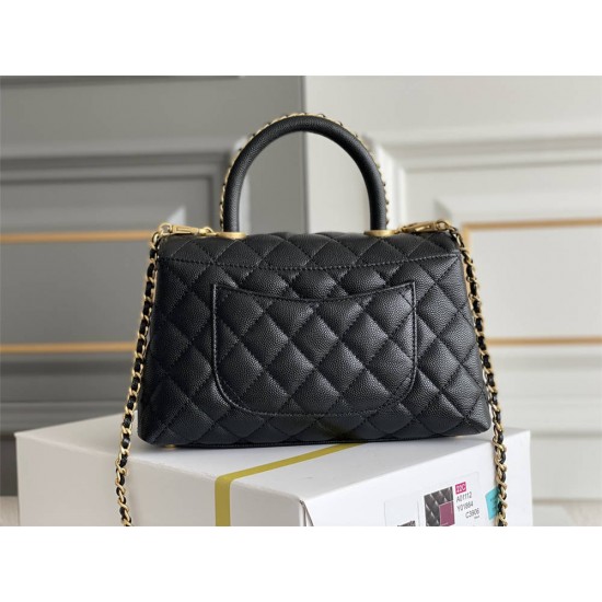 Chanel 23P Coco Handle, small size 24cm flap bag, black, with stitched edges, gold-tone hardware, caviar leather, Hass Factory leather, 24x14x10cm