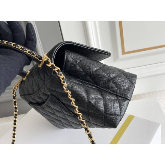 Chanel 23P Coco Handle, small size 24cm flap bag, black, with stitched edges, gold-tone hardware, caviar leather, Hass Factory leather, 24x14x10cm