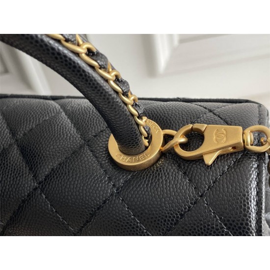 Chanel 23P Coco Handle, small size 24cm flap bag, black, with stitched edges, gold-tone hardware, caviar leather, Hass Factory leather, 24x14x10cm