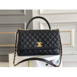 Chanel 23P Coco Handle, medium size 29cm flap bag, black, with stitched edges, gold-tone hardware, caviar leather, Hass Factory leather, 29x18x12cm