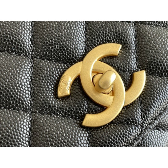 Chanel 23P Coco Handle, medium size 29cm flap bag, black, with stitched edges, gold-tone hardware, caviar leather, Hass Factory leather, 29x18x12cm