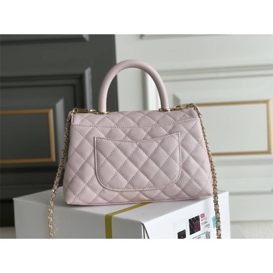 Chanel Coco Handle, small size 24cm flap bag, pink, with stitched edges, champagne gold hardware, caviar leather, Hass Factory leather, 24x14x10cm