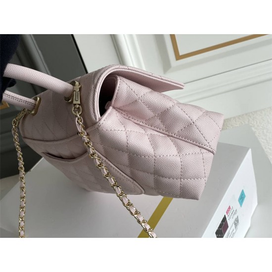 Chanel Coco Handle, small size 24cm flap bag, pink, with stitched edges, champagne gold hardware, caviar leather, Hass Factory leather, 24x14x10cm