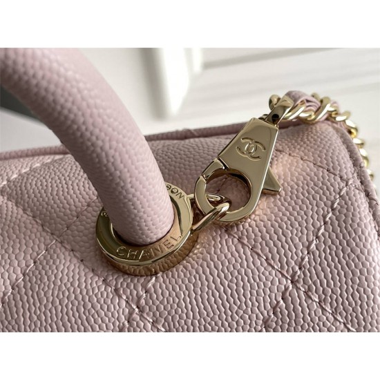 Chanel Coco Handle, small size 24cm flap bag, pink, with stitched edges, champagne gold hardware, caviar leather, Hass Factory leather, 24x14x10cm