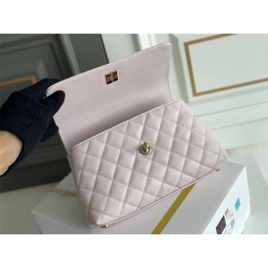 Chanel Coco Handle, small size 24cm flap bag, pink, with stitched edges, champagne gold hardware, caviar leather, Hass Factory leather, 24x14x10cm