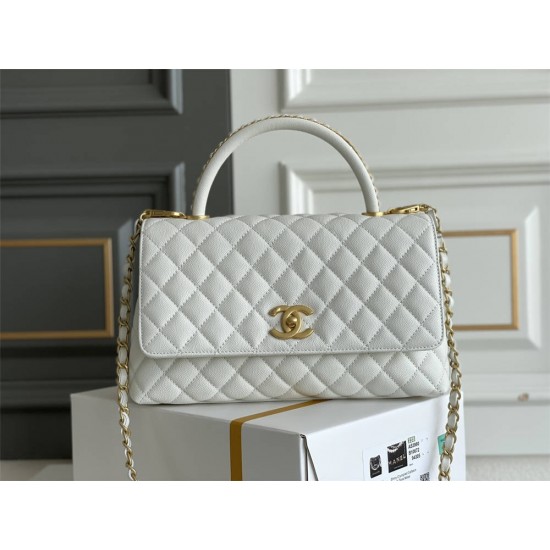 Chanel 23P Coco Handle, small size 29cm flap bag, white, gold-tone hardware, caviar leather, Hass Factory leather, 29x18x12cm