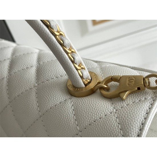 Chanel 23P Coco Handle, small size 29cm flap bag, white, gold-tone hardware, caviar leather, Hass Factory leather, 29x18x12cm