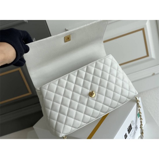 Chanel 23P Coco Handle, small size 29cm flap bag, white, gold-tone hardware, caviar leather, Hass Factory leather, 29x18x12cm