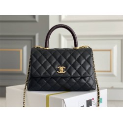 Chanel Classic Coco Handle, small size 24cm flap bag, black lizard skin handle, gold-tone hardware, caviar leather, Hass Factory leather, 24x14x10cm