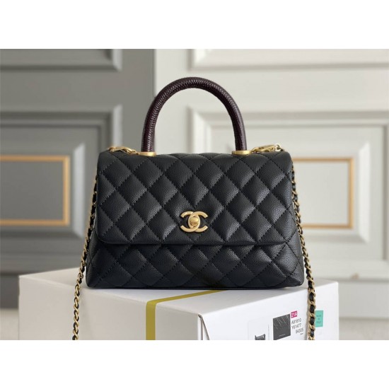 Chanel Classic Coco Handle, small size 24cm flap bag, black lizard skin handle, gold-tone hardware, caviar leather, Hass Factory leather, 24x14x10cm