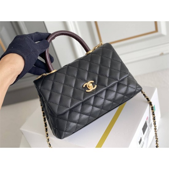 Chanel Classic Coco Handle, small size 24cm flap bag, black lizard skin handle, gold-tone hardware, caviar leather, Hass Factory leather, 24x14x10cm