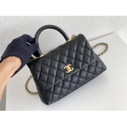 Chanel Classic Coco Handle, small size 24cm flap bag, black lizard skin handle, champagne gold hardware, with stitched edges, caviar leather, Hass Factory leather, 24x14x10cm