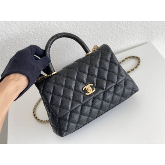 Chanel Classic Coco Handle, small size 24cm flap bag, black lizard skin handle, champagne gold hardware, with stitched edges, caviar leather, Hass Factory leather, 24x14x10cm