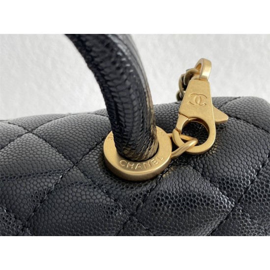 Chanel Classic Coco Handle, small size 24cm flap bag, black lizard skin handle, champagne gold hardware, with stitched edges, caviar leather, Hass Factory leather, 24x14x10cm