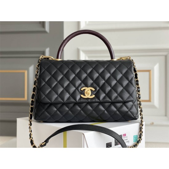 Chanel Classic Coco Handle, medium size 29cm flap bag, red lizard skin handle, black caviar leather, champagne gold hardware, Hass Factory leather, 29x18x12cm