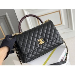 Chanel Classic Coco Handle, medium size 29cm flap bag, red lizard skin handle, black caviar leather, champagne gold hardware, Hass Factory leather, 29x18x12cm