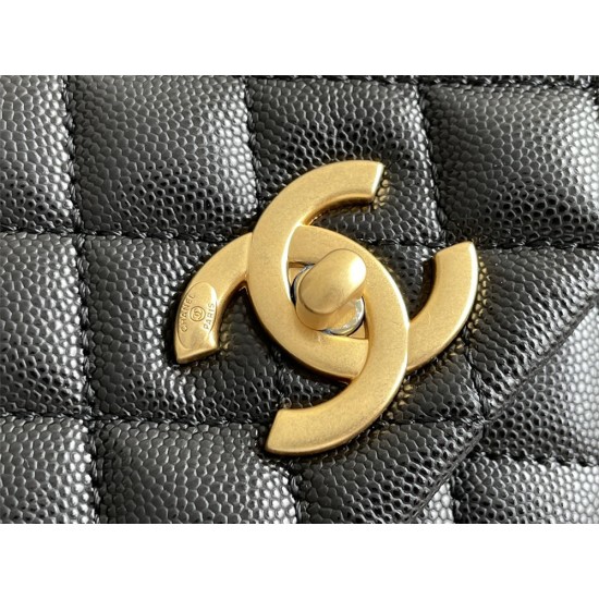 Chanel Classic Coco Handle, medium size 29cm flap bag, red lizard skin handle, black caviar leather, champagne gold hardware, Hass Factory leather, 29x18x12cm