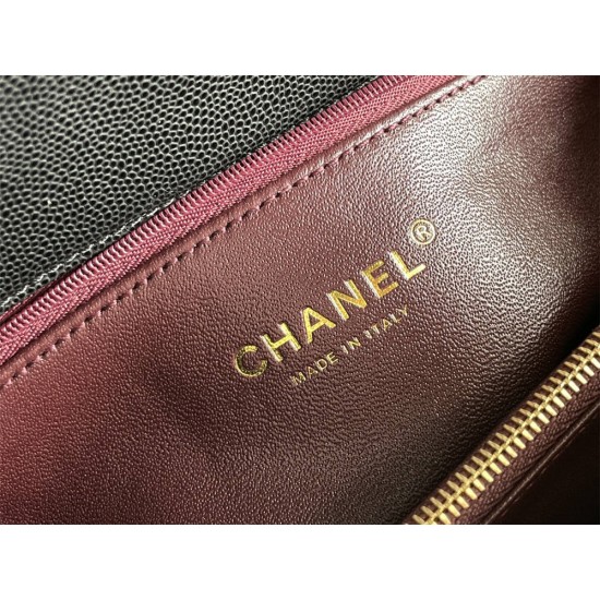 Chanel Classic Coco Handle, medium size 29cm flap bag, red lizard skin handle, black caviar leather, champagne gold hardware, Hass Factory leather, 29x18x12cm