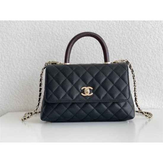 Chanel Classic Coco Handle, small size 24cm flap bag, red lizard skin handle, black caviar leather, champagne gold hardware, without stitched edges, Hass Factory leather, 24x14x10cm