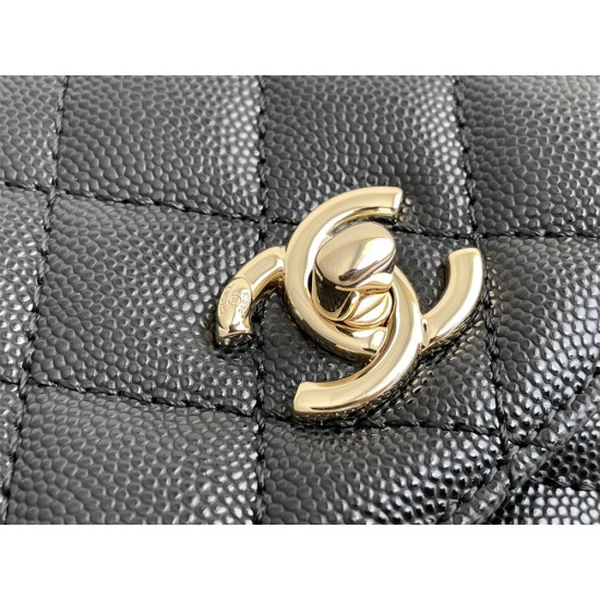 Chanel Classic Coco Handle, small size 24cm flap bag, red lizard skin handle, black caviar leather, champagne gold hardware, without stitched edges, Hass Factory leather, 24x14x10cm